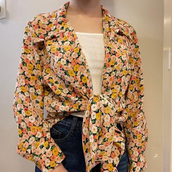 Vintage Floral Long Sleeve Button-Up Blouse Yellow - Picture 4 of 10